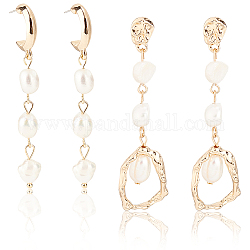 Anattasoul 2 par de aretes colgantes con cuentas de perlas naturales de 2 estilos, pendientes largos de aleación con alfileres de plata esterlina para mujer, la luz de oro, 55~60mm, pin: 0.6 mm, 1 par / estilo