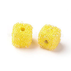 Abalorios de resina, con rhinestone de cristal, Estilo de comida de caramelo de imitación, cubo, amarillo champagne, 14.5~15.5x14.5~15.5x14.5~15.5mm, agujero: 1.5~1.8 mm