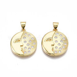 Brass Micro Pave Clear Cubic Zirconia Pendants, Nickel Free, Flat Round with Abstract Face, Real 18K Gold Plated, 20.5x18x3mm, Hole: 3.5mm