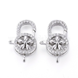 Brass Micro Pave Clear Cubic Zirconia Lobster Claw Clasps, Long-Lasting Plated, Flower, Platinum, 20x13x6mm, Hole: 2mm