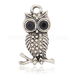 Antique Silver Alloy Rhinestone Owl Pendants for Halloween Jewelry, Jet, 26x12x5mm, Hole: 3mm