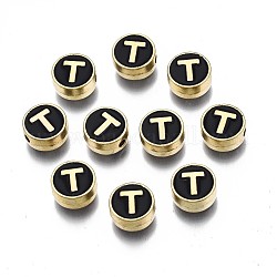 Legierung Emaille-Perlen, cadmiumfrei und bleifrei, Licht Gold, flach rund mit Alphabet, Schwarz, letter.t, 8x4 mm, Bohrung: 1.5 mm