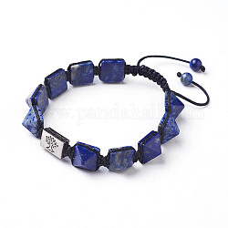 Natural Lapis Lazuli Braided Bead Bracelets, Nylon Cord Square Knot Bracelet, with Alloy Findings, Rectangle with Tree, 1-3/4 inch~3-1/8 inch(4.6~8cm)