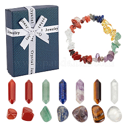 Coffret cadeau bracelets de pierres précieuses de yoga, y compris un bracelet extensible avec des éclats de pierres naturelles mélangées, pépites et perles hexagonales, 15 pcs / boîte