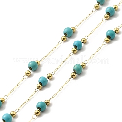 Ion Plating(IP) 316 Surgical Stainless Steel Paperclip Chains, Synthetic Turquoise Beads Chain, Soldered, with Spool, Real 18K Gold Plated, Link: 2.5x0.8~1.5x0.3mm, Round: 2mm and 3.5x3mm