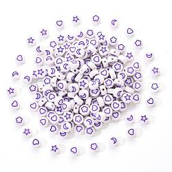 Perles acryliques opaques blanches, plat rond avec coeur & fleur & lune & étoile, violette, 7x4mm, Trou: 1.6mm, 200 pièces / kit