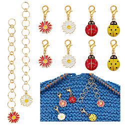 Marqueurs de points verrouillables et chaînes de compteur de rangées de tricot à maillons perlés, avec pendentif en émail en alliage coccinelle et fleur, couleur mixte, 3.3~135 cm, 10 pièces / kit