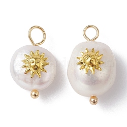 Ciondoli perla naturale, ciondoli di patate con fetta di ottone placcato oro, sole, 16~19x10~11x7.5~10mm, Foro: 3 mm