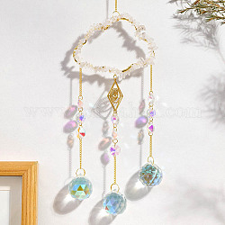 Natural Quartz Crystal Copper Wire Wrapped Cloud Hanging Ornaments, Teardrop Glass Tassel Suncatchers for Home Outdoor Decoration, 420mm