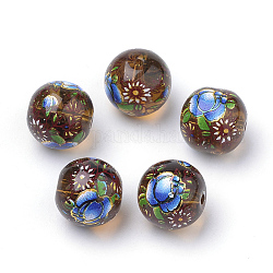 Gedruckt Glasperlen, Runde mit Blumenmuster, Sattelbraun, 10x9 mm, Bohrung: 1.5 mm