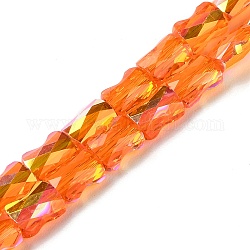 Transparentes cuentas de vidrio electroplate hebras, color de ab chapado, facetados, bambú, naranja, 7.6x5.5~6x4mm, agujero: 1.4 mm, aproximamente 72 pcs / cadena, 21.85'' (55.5 cm)