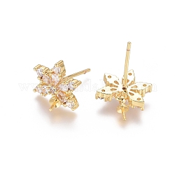 Brass Cubic Zirconia Stud Earring Findings, with Cup Pearl Peg Bails, Flower, Clear, Golden, 15mm, Pin: 0.7mm