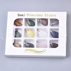 Colgantes naturales de piedra mezclada, con abrazaderas de piquete de latón chapado en platino, lágrima, 24x15x9mm, agujero: 3.5 mm, 12 unidades / caja