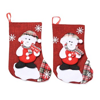 Tissu suspendu bas de noël, avec motif à carreaux, sac cadeau de bonbons, pour la décoration de sapin de Noël, ours et flocon de neige, rouge, 210x160x18.5mm