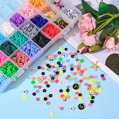 Kit de perles d'argile polymère de 6mm, Kit de perles d'espacement plates  et rondes avec Alphabet, perles pour Bracelets, collier, fabrication de  bijoux, bricolage