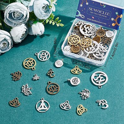Wholesale SUNNYCLUE 1 Box 68Pcs Lotus Charms Yoga Charms Lotus Flower Charm  Hollow OM Yoga Chakra Energy Charm Flat Round Charms for Jewelry Making  Charm Necklace Bracelet Earrings DIY Craft Supplies Adult 