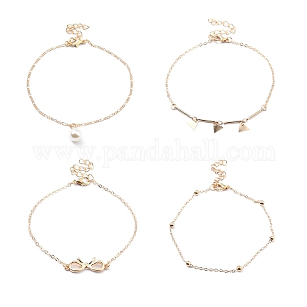 4本4スタイルアロイチェーンアンクレットセット  女性のための三角形と樹脂の真珠の魅力を持つ蝶結びリンクアンクレット  ライトゴールド  8.27~9.25インチ（21~23.5cm） SJEW-D009-08KCG-1