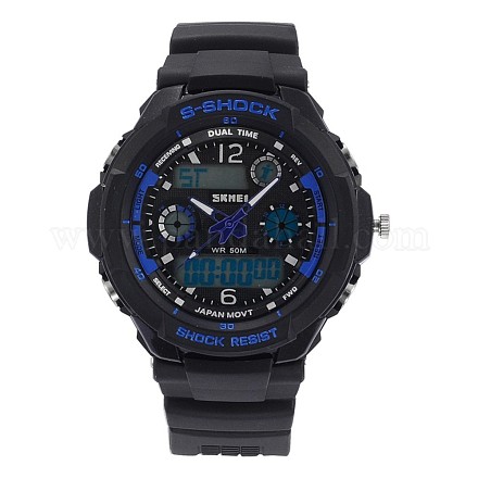メンズアロイプラスチックスポーツデジタル腕時計  ブルー  250x22mm  ウォッチヘッド：55x53x11mm  ウオッチフェス：34mm WACH-E016-08D-1