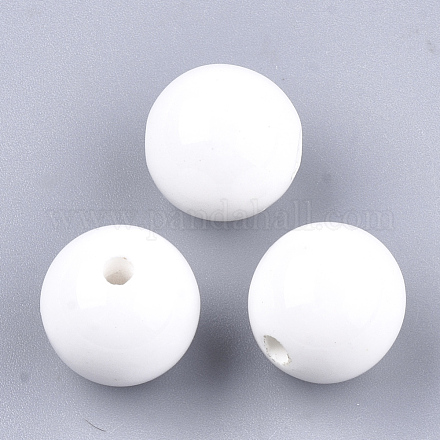 手作りの陶器ビーズ  光沢釉の磁器  ラウンド  ホワイト  14~14.5x13.5~14mm  穴：2.5~3mm PORC-S499-02Y-1