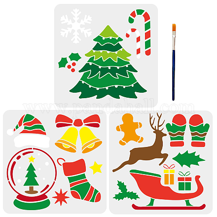 MAYJOYDIY 3pcs Christmas Theme Stencils Christmas Tree Snowflakes Crystal Ball Moose Bell Socks Stencil 11.8×11.8inch with Paint Brush PET Christmas Template for Gifts Art DIY Crafts DIY-MA0001-50A-1