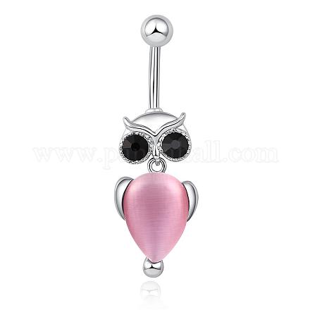 Piercing Jewelry Real Platinum Plated Brass Cat Eye and Rhinestone Owl Navel Ring Belly Rings AJEW-EE0003-001A-1