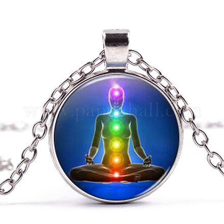 Chakra-Thema-Yoga-Halskette mit menschlichem Glasanhänger CHAK-PW0001-022A-1