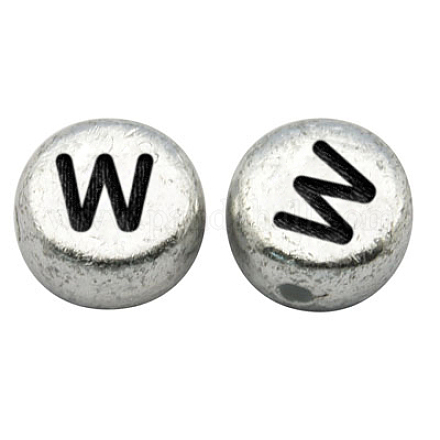 Perles de lettre à trou horizontal acrylique plaqué couleur argent X-MACR-PB43C9070-W-1