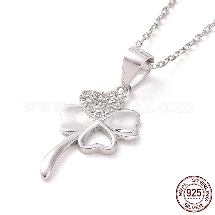 Rhodium Plated Sterling Silver Clover Pendant Necklace with Clear Cubic Zirconia for Women NJEW-P267-04P-1
