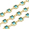Brass Square Link Chains, with Glass, Rack Plating, Long-Lasting Plated, Lead Free & Cadmium Free, Real 18K Gold Plated, Soldered, with Spool, Cyan, 12x6.5x3mm