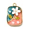 Alloy Enamel Pendants, with ABS Imitation Pearl, Rectangle with Flower, Rack Plating, Long-Lasting Plated, Lead Free & Cadmium Free & Nickel Free, Golden, White, 25x17x4mm, Hole: 2mm