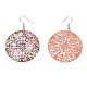 Spray Painted Stainless Steel Flat Round with Flower Dangle Earrings EJEW-I256-13P-2