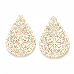 Enlaces de Brass Filigree Joiners, adornos de metal grabados, Sin cadmio y níque y plomo, lágrima, la luz de oro, 40x26.5x0.3mm, agujero: 0.9 mm