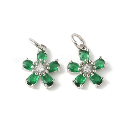 Colgante micropavé cubic zirconia de latón, charms de la flor, chapado en rack, chapado duradero, sin plomo y cadmio, con anillo de salto, verde, 14.5x12.5x4.5mm, agujero: 4.5 mm