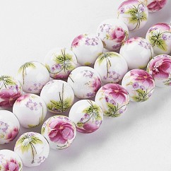 Cuentas de cerámica de la porcelana de la flor hecha a mano impresa hebras, redondo, colorido, 10mm, agujero: 2 mm, 35 pcs / Hilo, 12.9 pulgada ~ 13.3 pulgadas (33~34 cm)