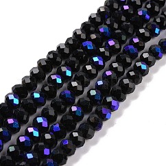 Electroplate opaco colore solido perle di vetro fili, mezzo arcobaleno placcato, sfaccettato, rondelle, nero, 4x3mm, Foro: 0.8~1 mm, circa 105~110pcs/filo, 38~39cm