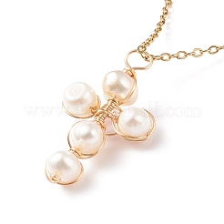 Collar con colgante de cruz trenzada de perla y cuarzo rosa natural&nbsp;NJEW-JN03920-04