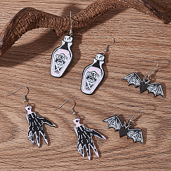 3 Paar 3 Stile Skeletthand & Fledermaus & Flasche Acryl-Ohrhänger für Halloween&nbsp;EJEW-AN0002-93