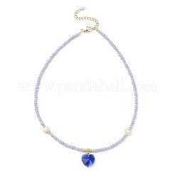 Collier pendentif en verre coeur avec chaînes de perles naturelles et de graines&nbsp;NJEW-JN04343