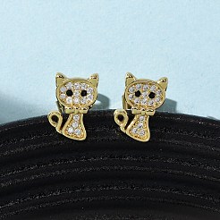Orecchini a bottone a forma di gatto con micro pavé di zirconi cubici in ottone&nbsp;EJEW-K267-30G