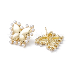 Orecchini a bottone in ottone placcato di lunga durata con perla di plastica da donna&nbsp;EJEW-A088-05G