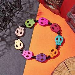 Braccialetti elasticizzati con perline di teschio di Halloween turchese sintetico tinto&nbsp;BJEW-TA00477