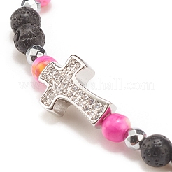 Bracelet extensible en perles de pierres précieuses mélangées naturelles et synthétiques avec croix en zircone cubique transparente pour femme&nbsp;BJEW-JB08247-04