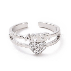 Anneau de manchette ouvert en forme de cœur en zircon cubique transparent avec mot amor&nbsp;RJEW-I094-06P