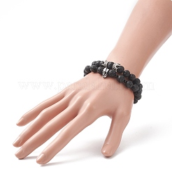 Set di braccialetti elastici in pietra lavica naturale 2 pz 2 stile e perline in ottone&nbsp;BJEW-JB09244-01