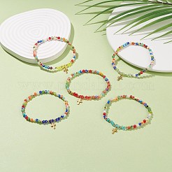 Bracelet extensible en perles de verre millefiori avec breloque croix en acier inoxydable 304 pour femme&nbsp;BJEW-JB08521