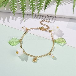 Bracelet à breloques feuille et fleur en acrylique et perle en plastique&nbsp;BJEW-JB09077