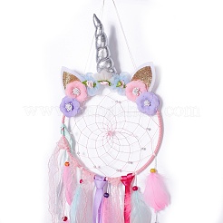 Handgemachtes Einhorn gewebtes Netz/Netz mit Feder-Wandbehang-Dekoration&nbsp;LS-HJEW-A001-01A