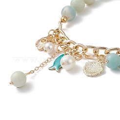 Pulsera elástica con perlas de concha y amazonita de flores naturales&nbsp;BJEW-TA00196
