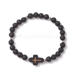 Pulseras elásticas con cuentas de lava natural y cuentas redondas de madera para hombres y mujeres.&nbsp;BJEW-JB11832-01