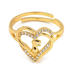 Anillos ajustables de circonita cúbica transparente con micropavé de latón chapado en forma de corazón y letras para mujer&nbsp;RJEW-I105-01G-F